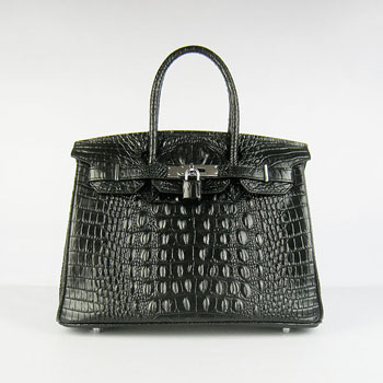 Hermes Birkin 30Cm Crocodile Head Stripe Handbags Black Silver
